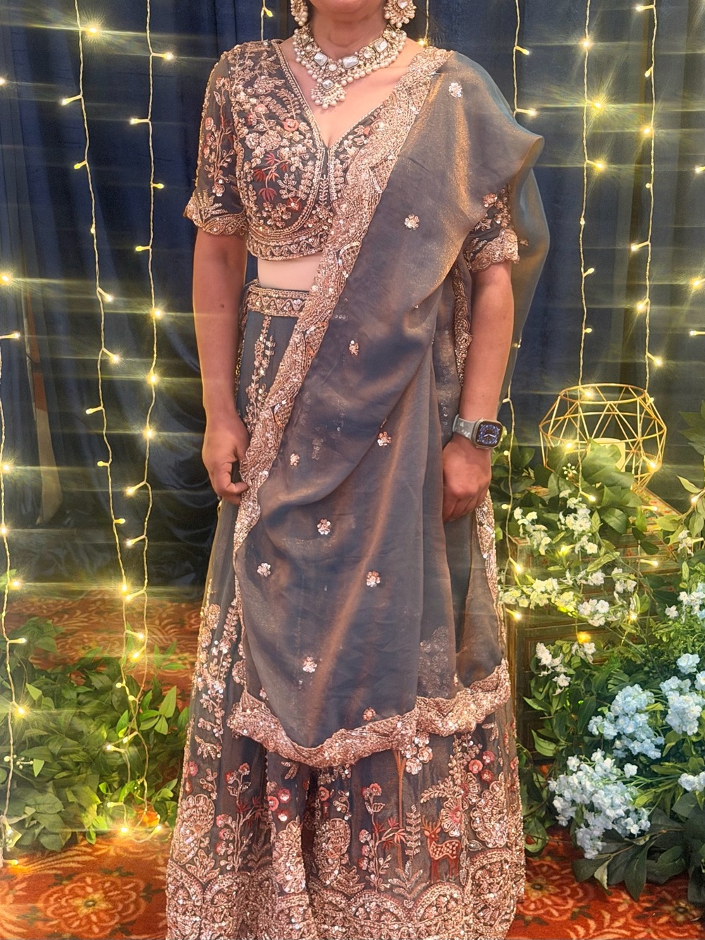 Embroidered Slate Gray Lehenga Skirt Set with Rose Gold Accents